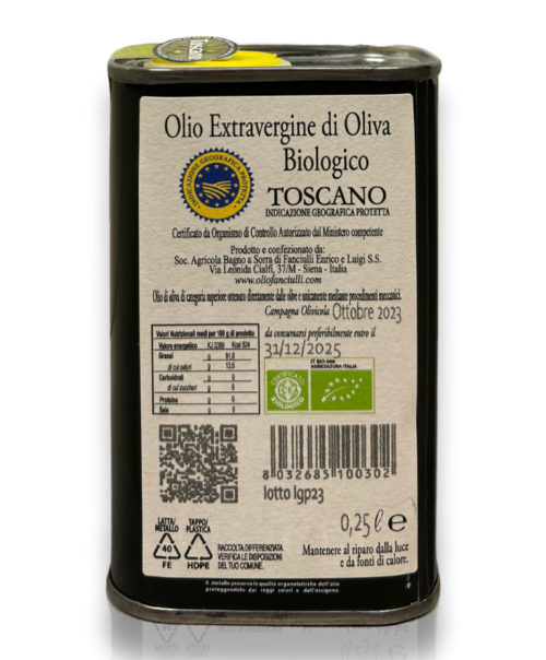 Tuscan Organic Extra Virgin Olive Oil IGP 250ml Can label